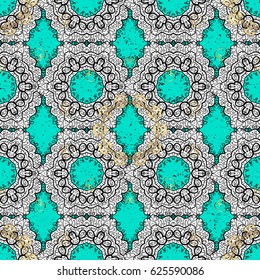 Vintage pattern on blue background with golden elements. Christmas, snowflake, new year.