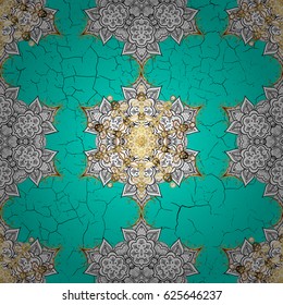 Vintage pattern on blue background with golden elements. Christmas, snowflake, new year.