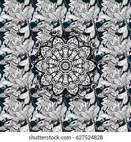 Vintage pattern on blue background with white elements. Christmas, snowflake, new year.