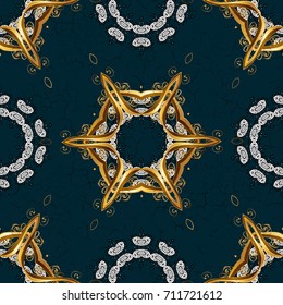 Vintage pattern on a blue background with golden elements. Vector illustration.