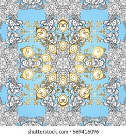 Vintage pattern on blue round background with golden and white elements.