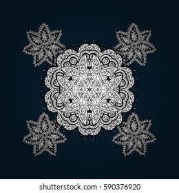 Vintage pattern on blue and white background with white elements and with doodles. Christmas, snowflake, new year.