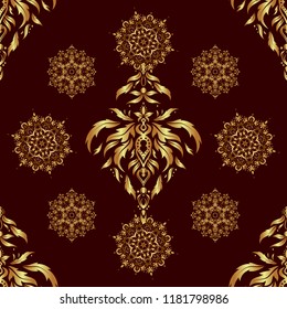 Vintage pattern on brown background. Seamless pattern with golden elements for design in retro style. Universal vector pattern for wallpapers, textile, fabric, wrapping paper, packaging box etc.