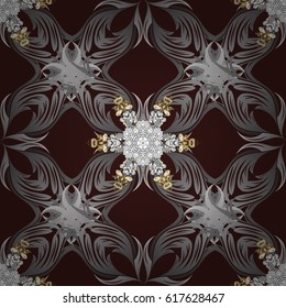 Vintage pattern on brown background with golden elements. Christmas, snowflake, new year.