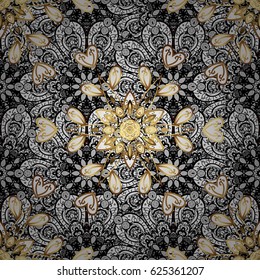 Vintage pattern on a brown background with golden elements. Vector illustration.