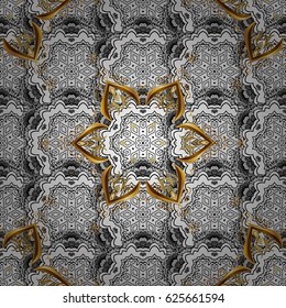 Vintage pattern on a brown background with golden elements. Vector illustration.