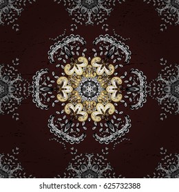 Vintage pattern on a brown background with golden elements. Vector illustration.