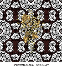 Vintage pattern on brown background with golden elements. Christmas, snowflake, new year. Golden pattern on brown background with golden elements.