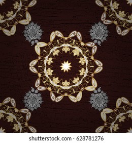 Vintage pattern on brown background with golden elements. Christmas, snowflake, new year. Golden pattern on brown background with golden elements.