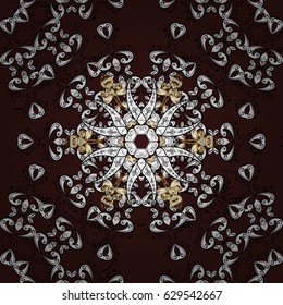 Vintage pattern on brown background with golden elements. Christmas, snowflake, new year.