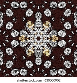 Vintage pattern on brown background with golden elements. Christmas, snowflake, new year.