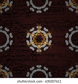 Vintage pattern on brown background with golden elements. Christmas, snowflake, new year.
