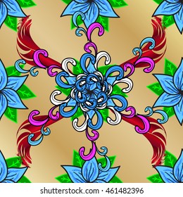Vintage pattern on brown and beige stripe gradient background with colorful floral elements.