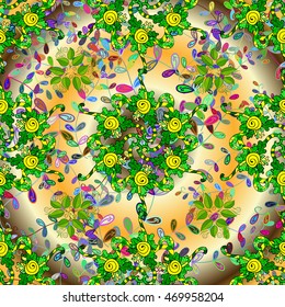 Vintage pattern on brown and golden round gradient background with colorful doodles floral elements.