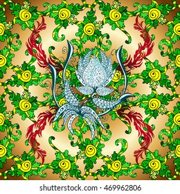Vintage pattern on brown and golden round gradient background with colorful doodles floral elements.