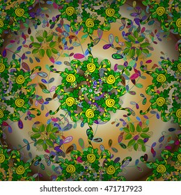 Vintage pattern on brown and golden round gradient background with colorful doodles floral elements.