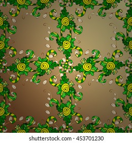 Vintage pattern on brown gradient background with golden, green and yellow elements