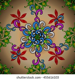 Vintage pattern on brown round gradient background with colorful floral elements.