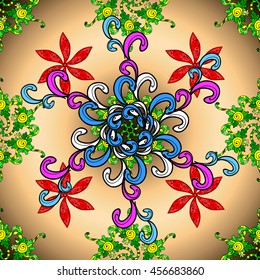 Vintage pattern on brown round gradient background with colorful floral elements.