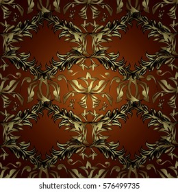 Vintage pattern on brown round background with golden elements. Radial gradient shape.