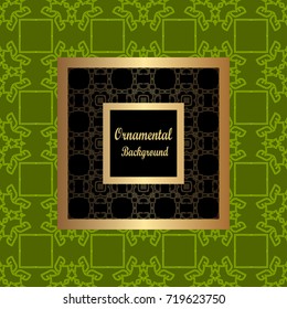 Vintage pattern on colored background with golden ornamental frame