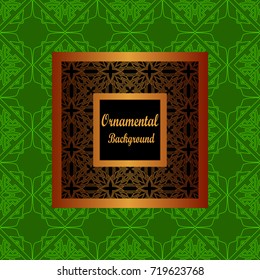 Vintage pattern on colored background with golden ornamental frame