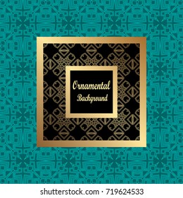 Vintage pattern on colored background with golden ornamental frame