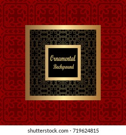Vintage pattern on colored background with golden ornamental frame