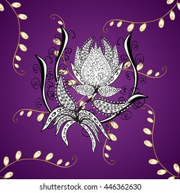 Vintage pattern on dark blue ans lilac background with golden elements.