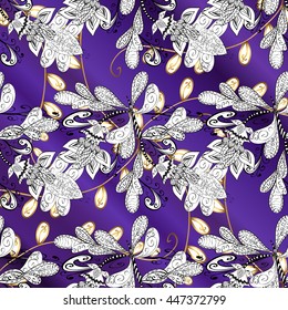 Vintage pattern on dark blue ans lilac background with golden elements.
