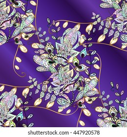 Vintage pattern on dark blue ans lilac background with golden elements.