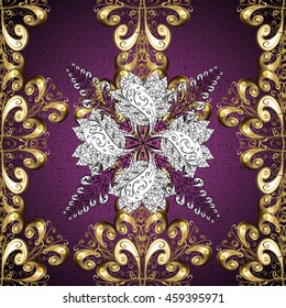 Vintage pattern on dark blue ans lilac background with golden elements.