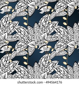Vintage pattern on dark blue background with golden and white elements.