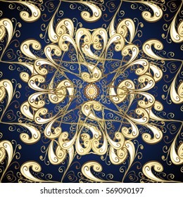 Vintage pattern on dark blue gradient background with golden elements.