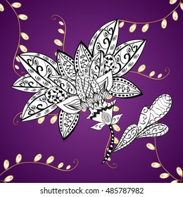 Vintage pattern on dark lilac background with golden elements.