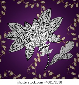 Vintage pattern on dark lilac background with golden elements.