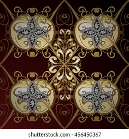 vintage pattern on dark red and brown gradient background with golden and white elements.