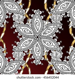 vintage pattern on dark red and brown gradient background with golden and white elements.