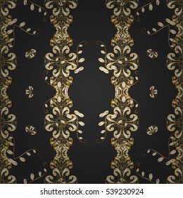 Vintage pattern on dim black background with golden elements. Round shadow.