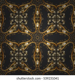 Vintage pattern on dim black background with golden elements. Round shadow.