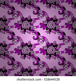 Vintage pattern on doodles background with lilac flower. Violet purple background.