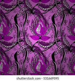 Vintage pattern on doodles background. Lilac, pink lines background. Doodles flowers. Vector.