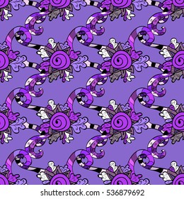 Vintage pattern on doodles background. Lilac, pink, purple floral background. Doodles flowers. Vector.