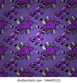Vintage pattern on doodles background. Lilac, pink, purple floral background. Doodles flowers. Vector. Radial gradient shape.