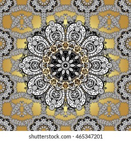 Vintage pattern on golden background with black and white elements.