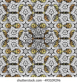 Vintage pattern on golden background with white floral elements.