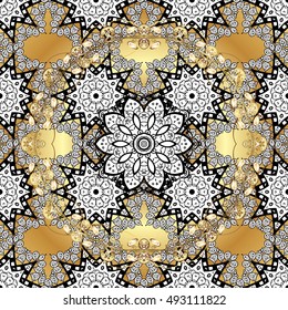 Vintage pattern on golden background with white floral elements.