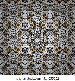 Vintage pattern on golden background with white floral elements.