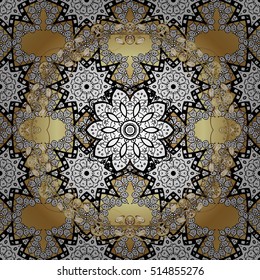 Vintage pattern on golden background with white floral elements.