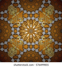 Vintage pattern on golden background with golden and white elements. Radial gradient shape.